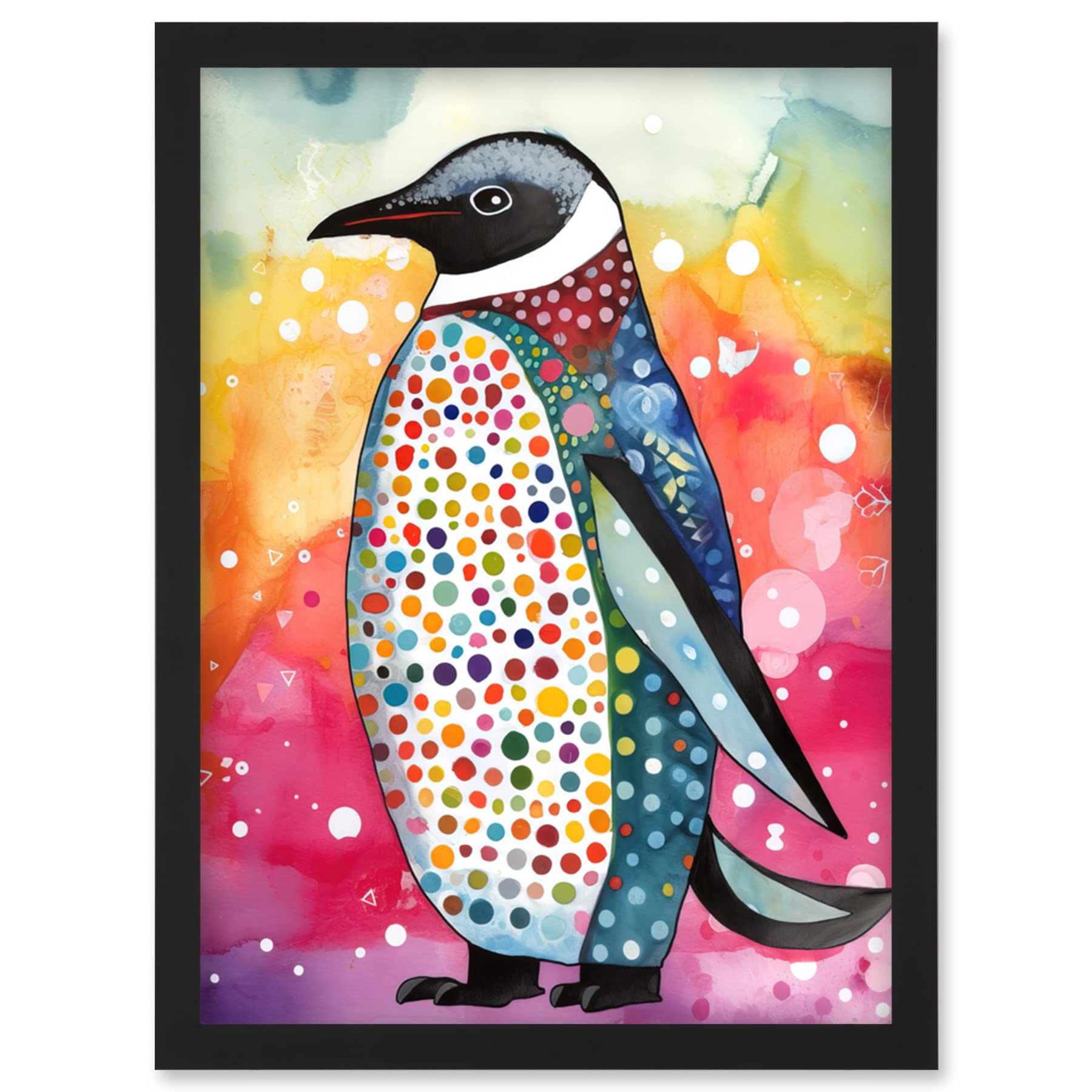 Artery8 Cute Multicoloured Spot Penguin Folk Art Artwork Framed Wall Art Print A4