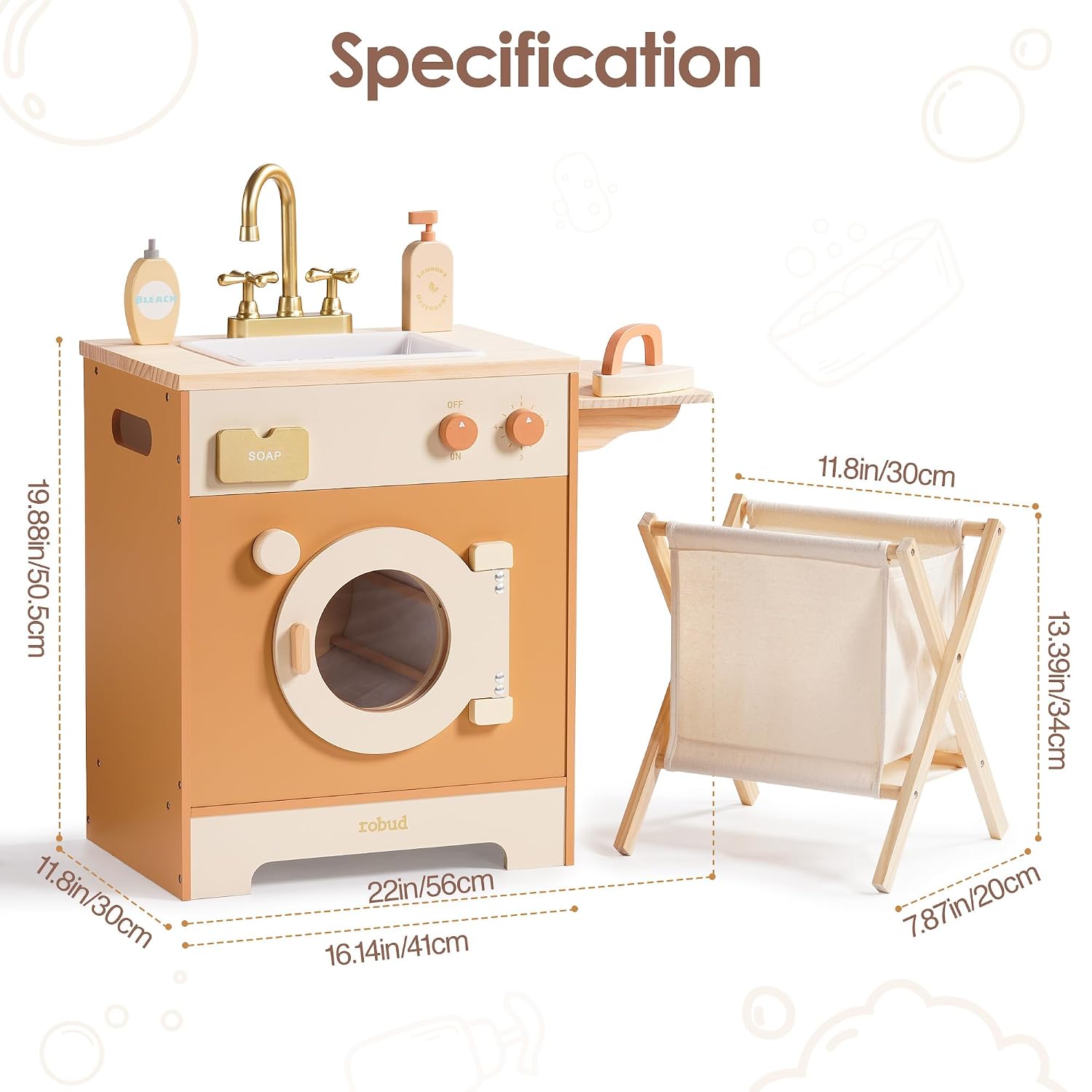 ROBUD Wooden Laundry Playset with Washer, Basket & Accessories, Caramel image 2