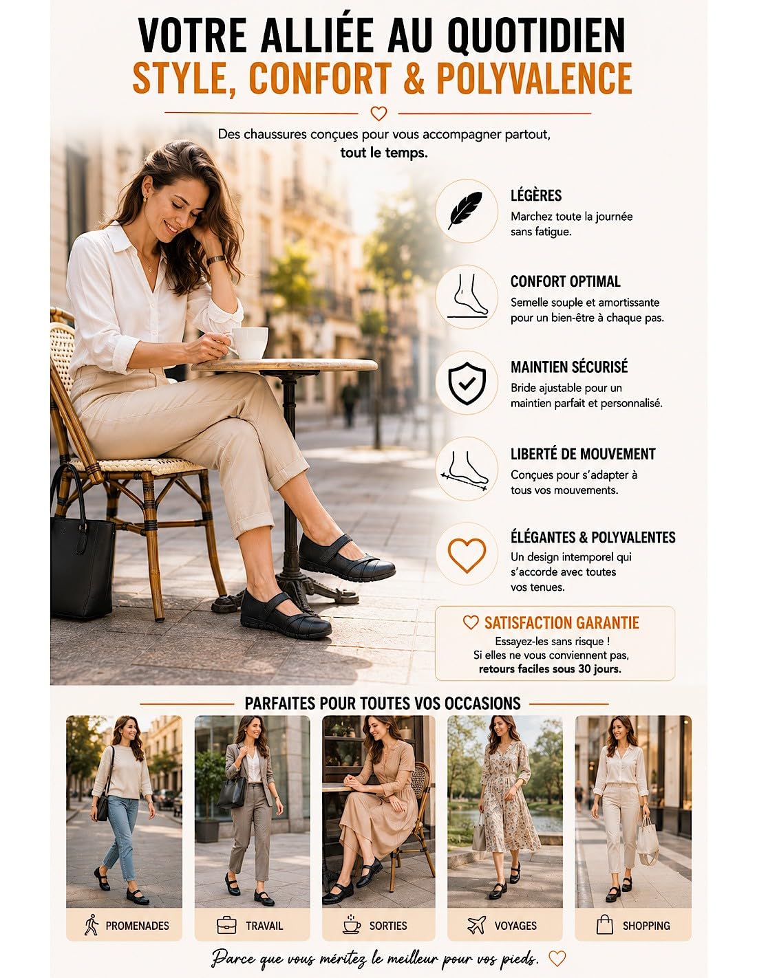 Chaussures Confort Femme Grande Pointure 41-44 Style Ballerines Confortables orthopédiques Semelle Cuir