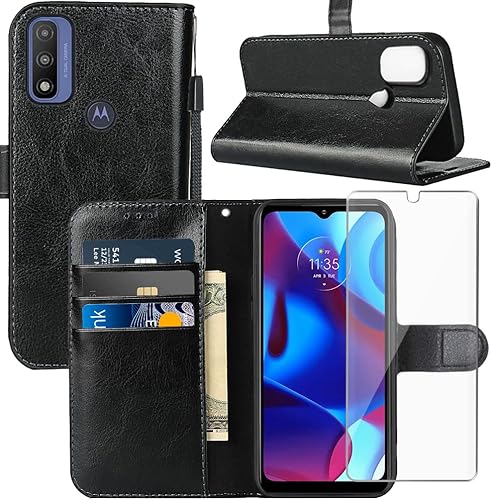 Funda para Motorola Moto G Pure, funda tipo cartera para Moto G Pure con protector de pantalla, correa de muñeca de piel sintética, ranuras para