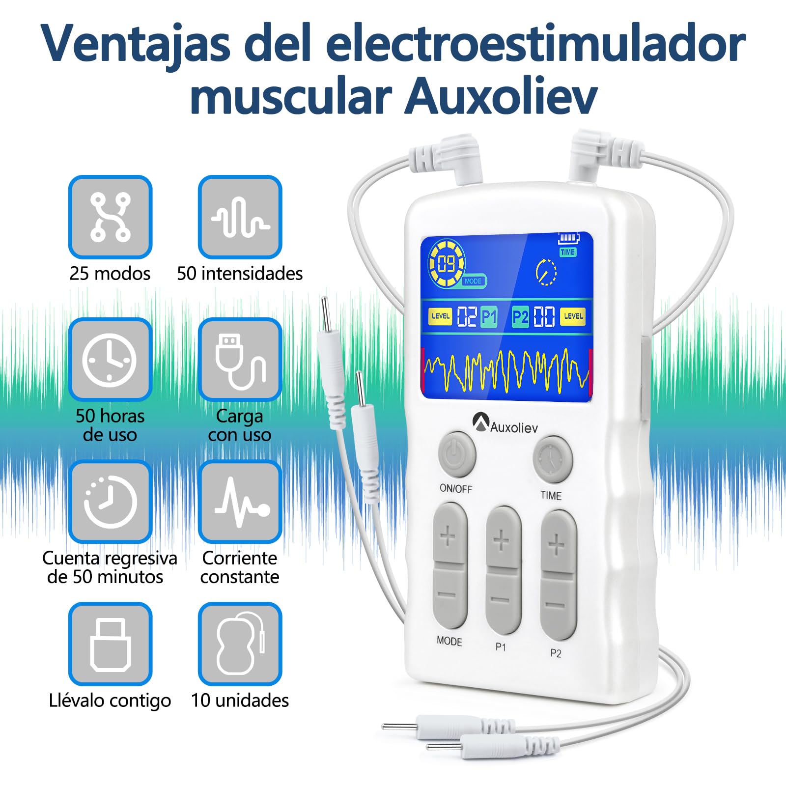 Auxoliev TENS/EMS Electroestimulador Muscular, Dispositivo de Multiterapia y Rehabilitación con 25 Modos & 10 Electrodos, para aliviar el dolor muscular y fortalecer los músculos, con diseño patentado