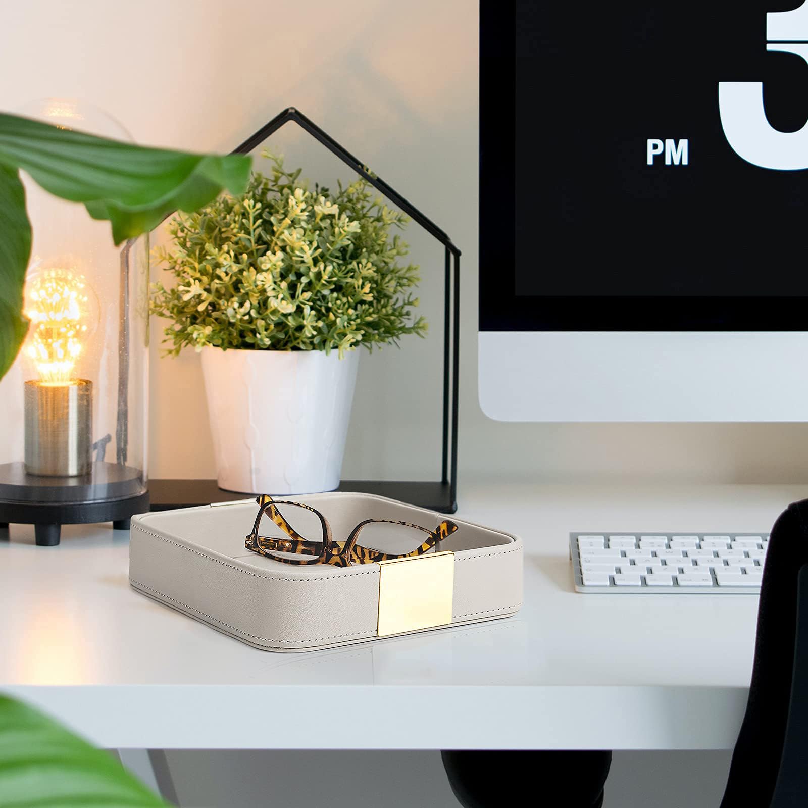SANZIE Petit organiseur de bureau en cuir de luxe, plateau décoratif pour table d'entrée pour ranger bijoux, montre, cosmétiques, clés, téléphone, portefeuille, accessoires de maison et de bureau