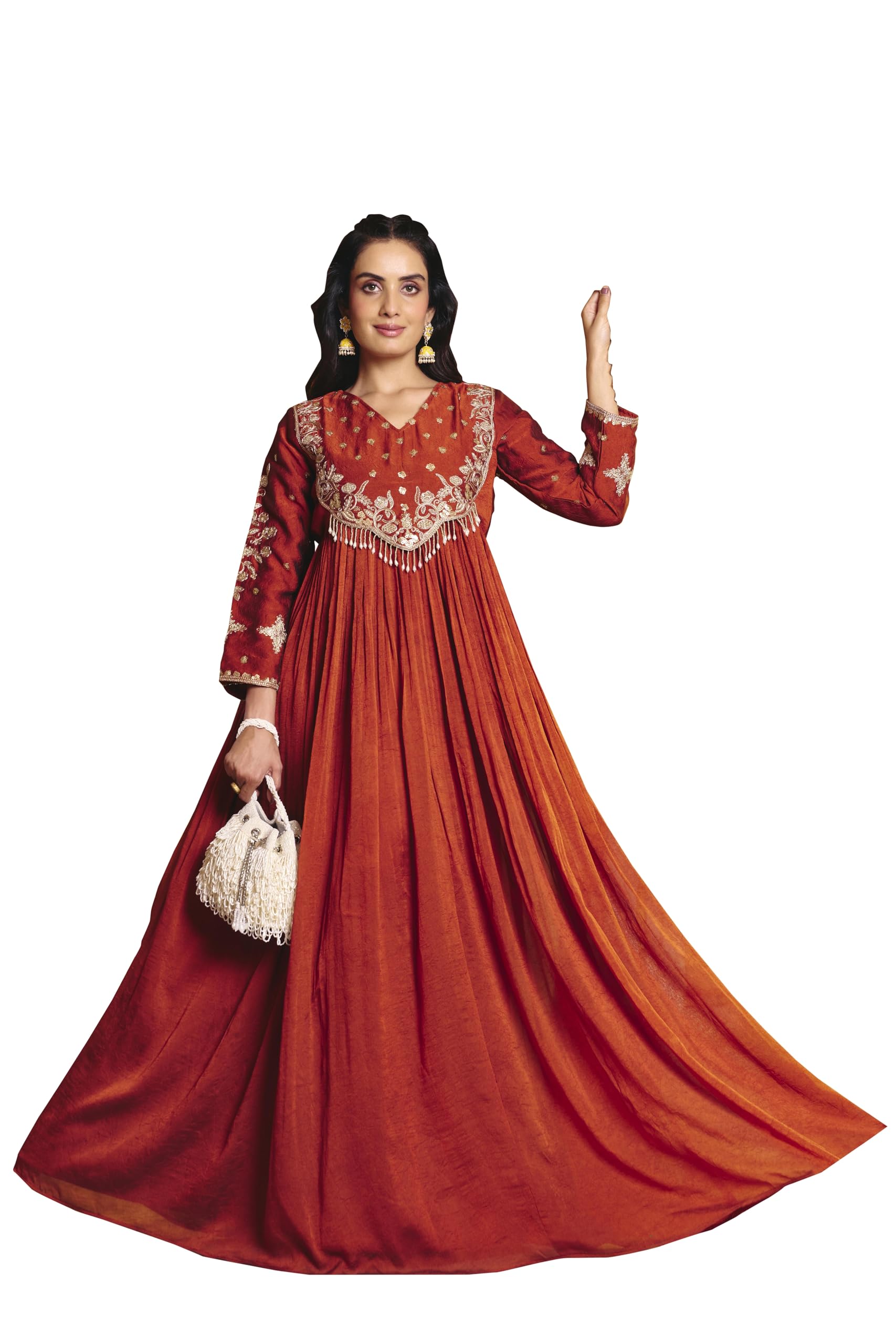 madhuram textiles Women’s Rangoli Silk Crush Gown | Embroidered V-Neck Flared Anarkali Dress with Ethnic (M-2619 Rust)-picture-37