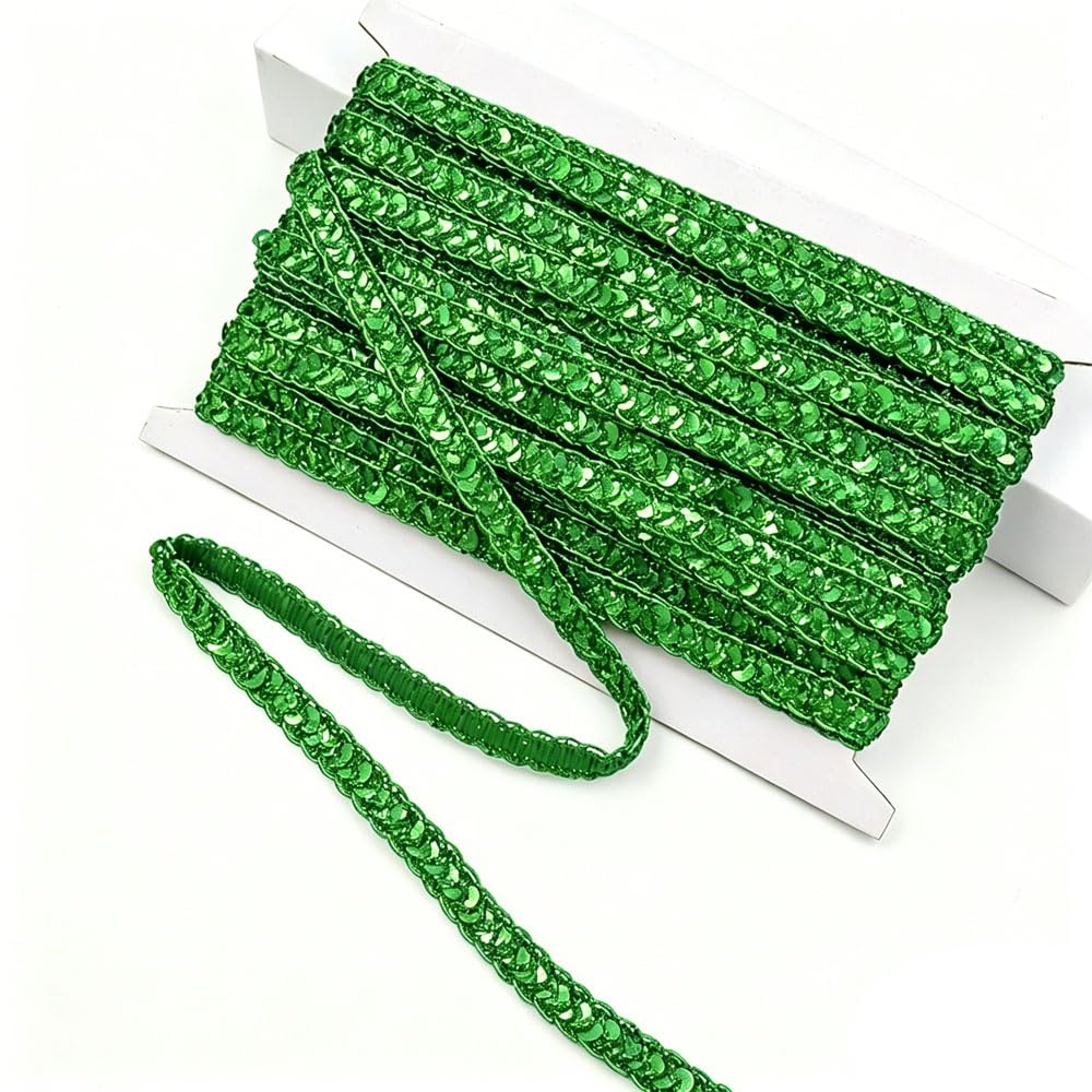 1cmx12m Grass Green Sequin Trim, Glitter Sequin Braid Trim Flat Paillette Fabric Ribbon for Sewing Crafting