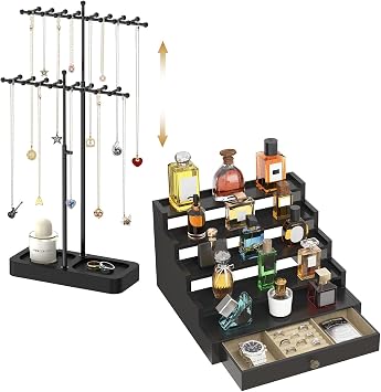 MODOWEY Adjustable Necklace Display Tree Perfume Cologne Stand Shelf, 36 Hooks Metal Stand for Bracelet Necklace, 5 Tier Large Wooden Fragrance Display Rack for Women Men, Black