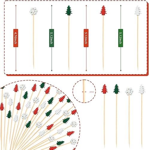 Miniatura 2 de 100 palillos de cóctel de árbol de Navidad con copos de nieve de 4.7 pulgadas de largo, palillos de frutas, sándwich de aperitivo, brochetas de