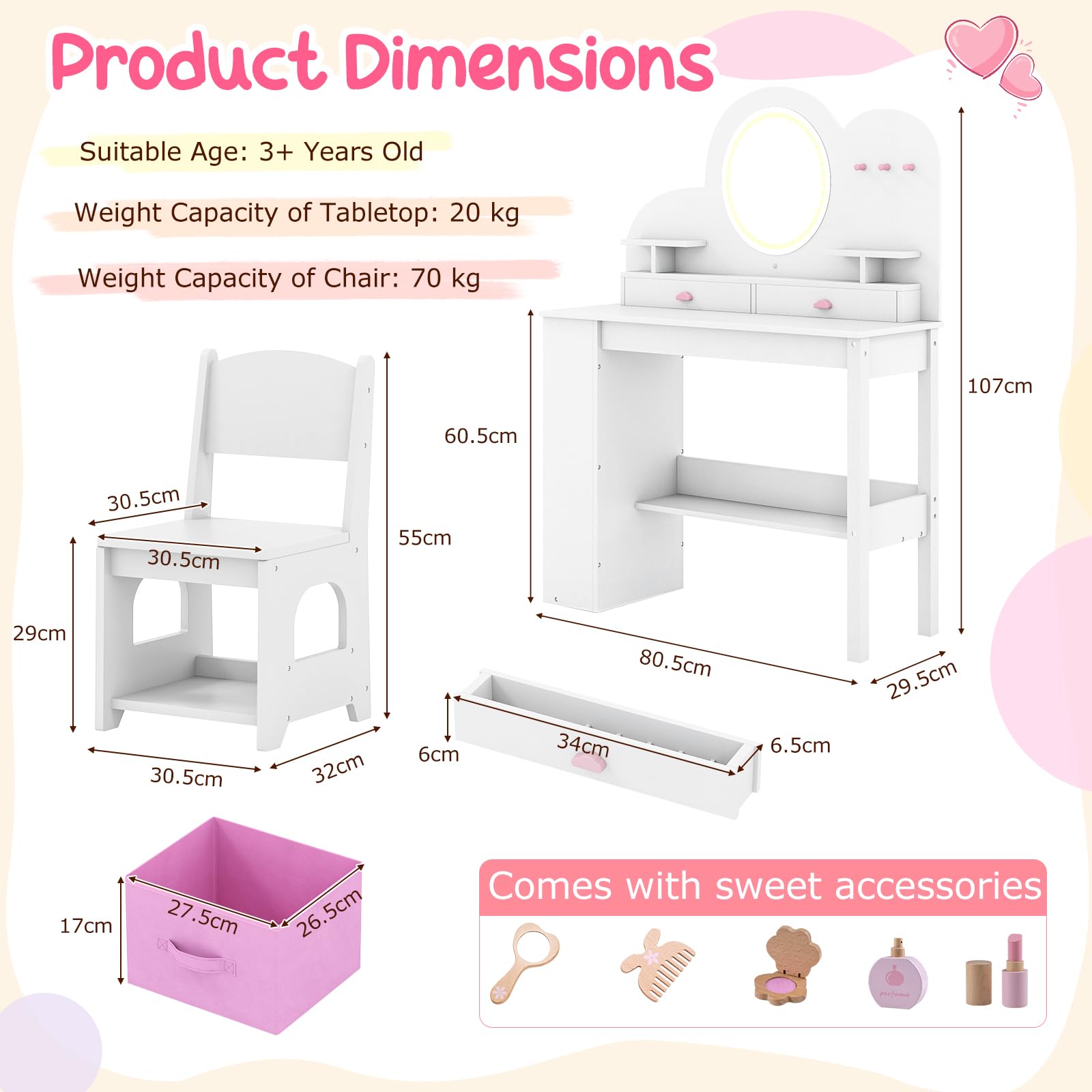 LIFEZEAL Tocador Infantil con Espejo Iluminado LED, Set de Tocador y Silla Princesa, Mesa 2 en 1 con Estantes y Cajones, Almacenaje Seguro para Niñas Desde 3 Años (Blanco)
