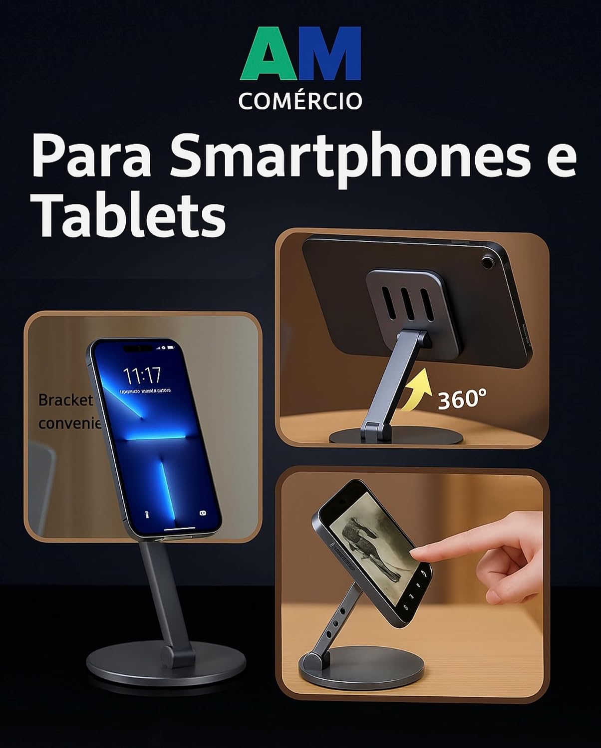 Suporte de Mesa para Celular e Tablet – Premium em Alumínio 360°, Dobrável, Ergonômico e Compatível iPhone e iPad