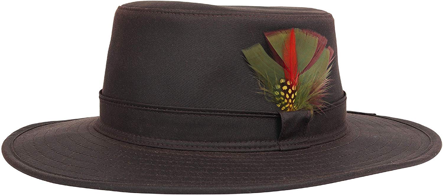 Nicky Adams Countrywear Unisex Brown Waterproof Waxed Bushman Hat | Stylish Fedora With Feather Accent | Made In Uk