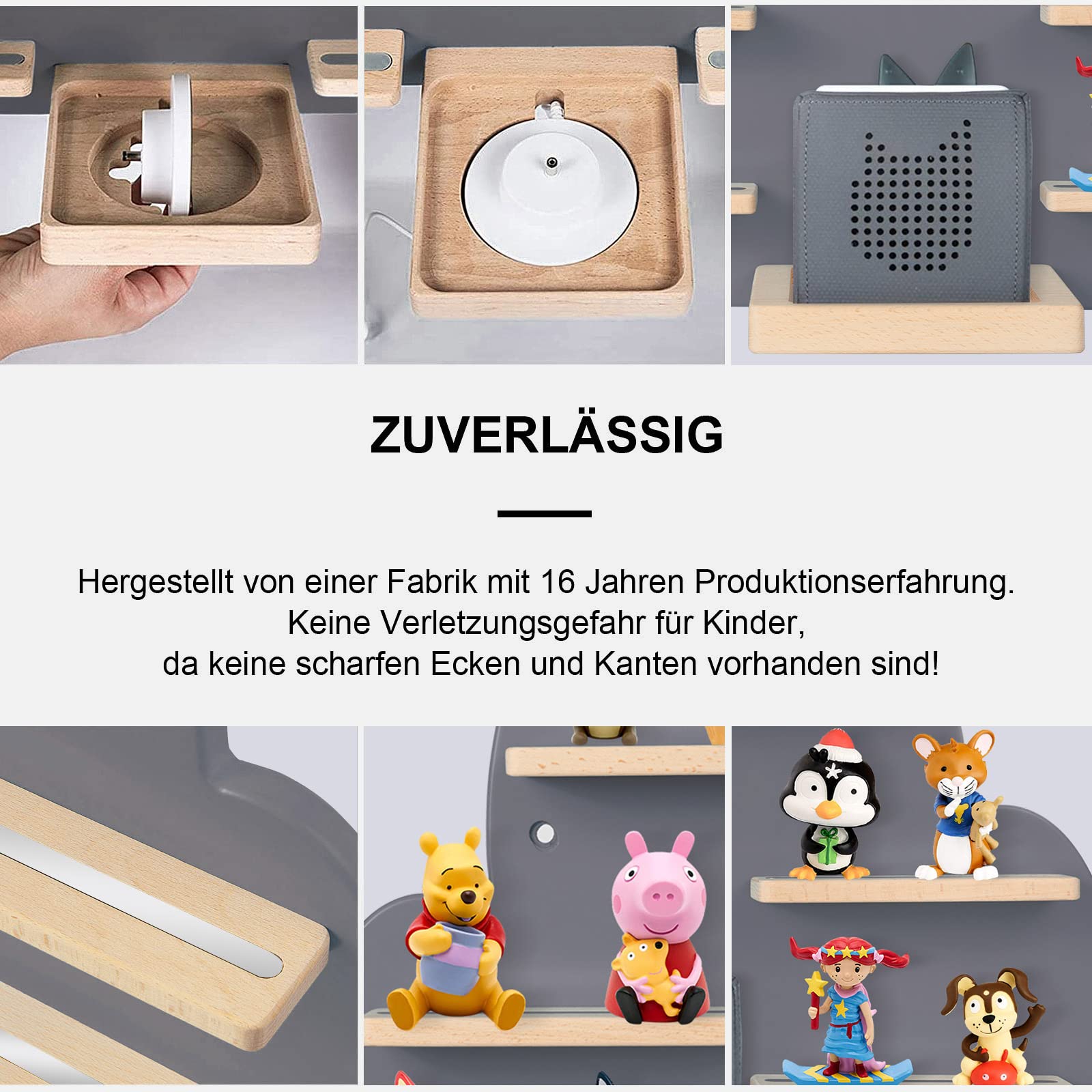 Kinder Regal kompatibel mit Toniebox und kompatibel mit Tonies für über 30 Figuren - Wandregal für die Musikbox - zum Spielen und Sammeln - für Kinder Baby Zimmer (Grau)