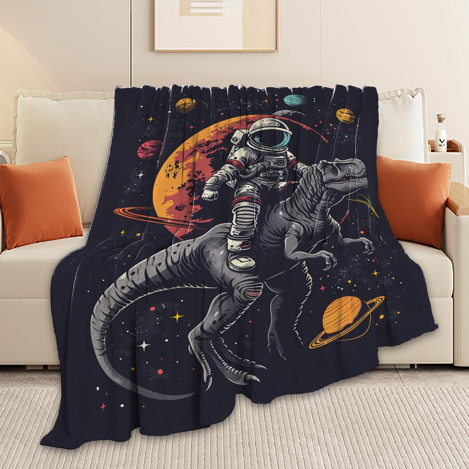 SweetFox Astronaut Dinosaur Blanket Funny Space Astronaut Decor Throw Blanket Gifts for Girls Boys Super Warm Soft Plush Fleece Flannel Winter Couch Bedding Blankets for Kids Adults Women 50"X40" - Image 4