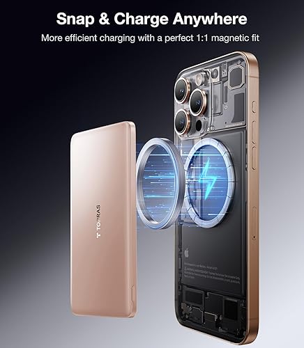 Miniatura 5 de TORRAS MiniMag Power Bank, cargador portátil inalámbrico ultra delgado de 5,000 mAh con cable USB-C, carga rápida iPhone Air MagSafe, cargador