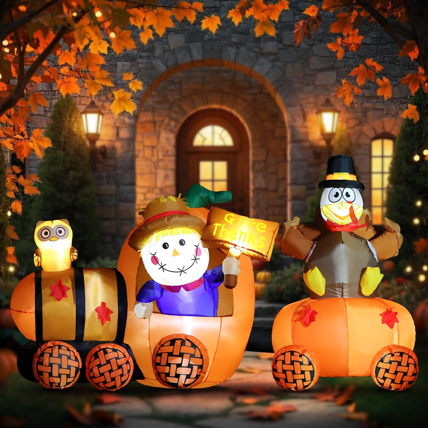 DomKom 6FT Lighted Inflatable Scarecrow Driving Pumpkin Train with Turkey - Halloween Thanksgiving Fall Yard Decoration - Outdoor Animated Blow Up Decor with LED Lights for Lawn, Garden Party