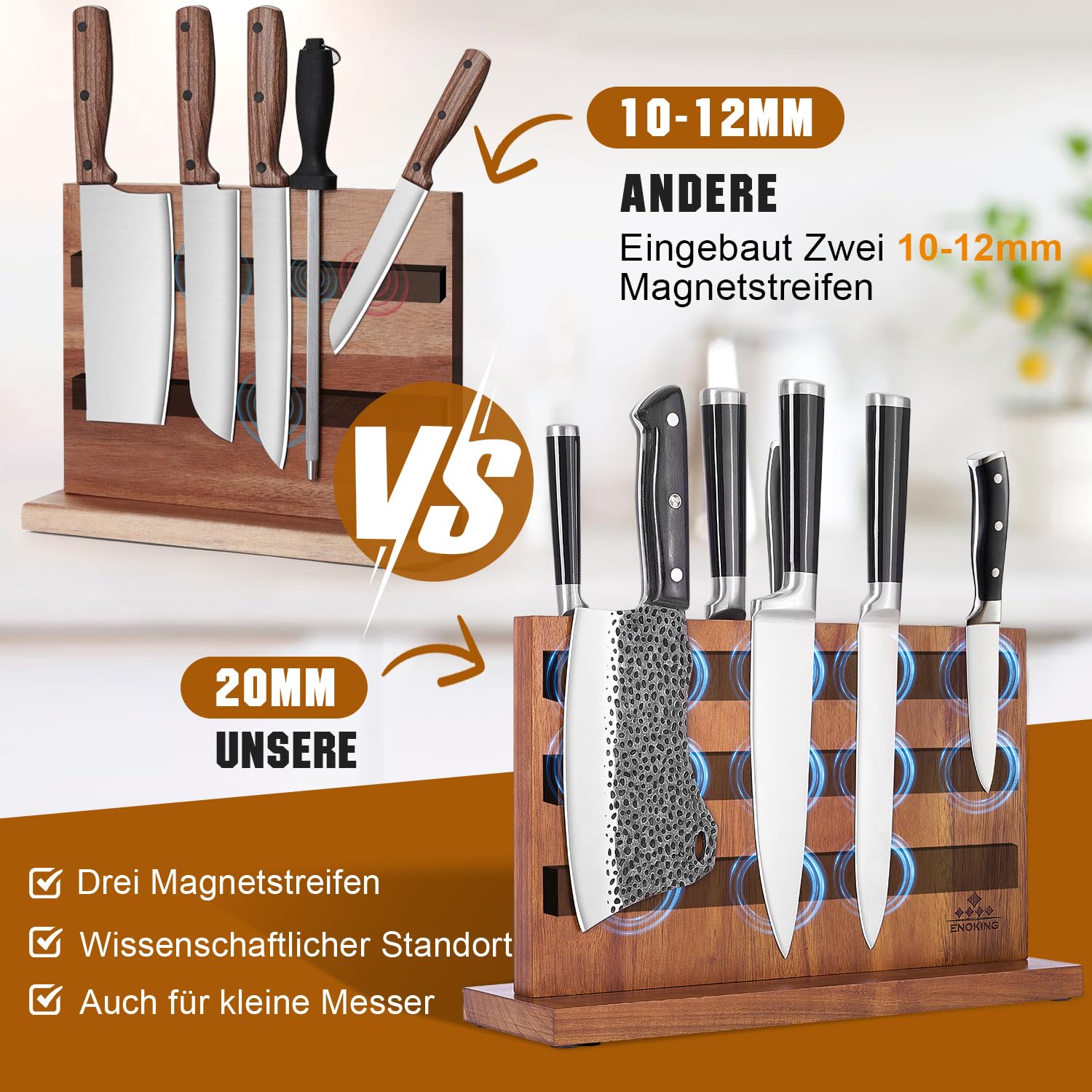 ENOKING Spitzenklasse Plus Messerblock Magnetisch Ohne Messer 38.6 x 23 cm, Doppelseitiger Magnet Messerhalter aus Akazienholz, Magnetischer Messerblock für Besteck-Display und Aufbewahrung