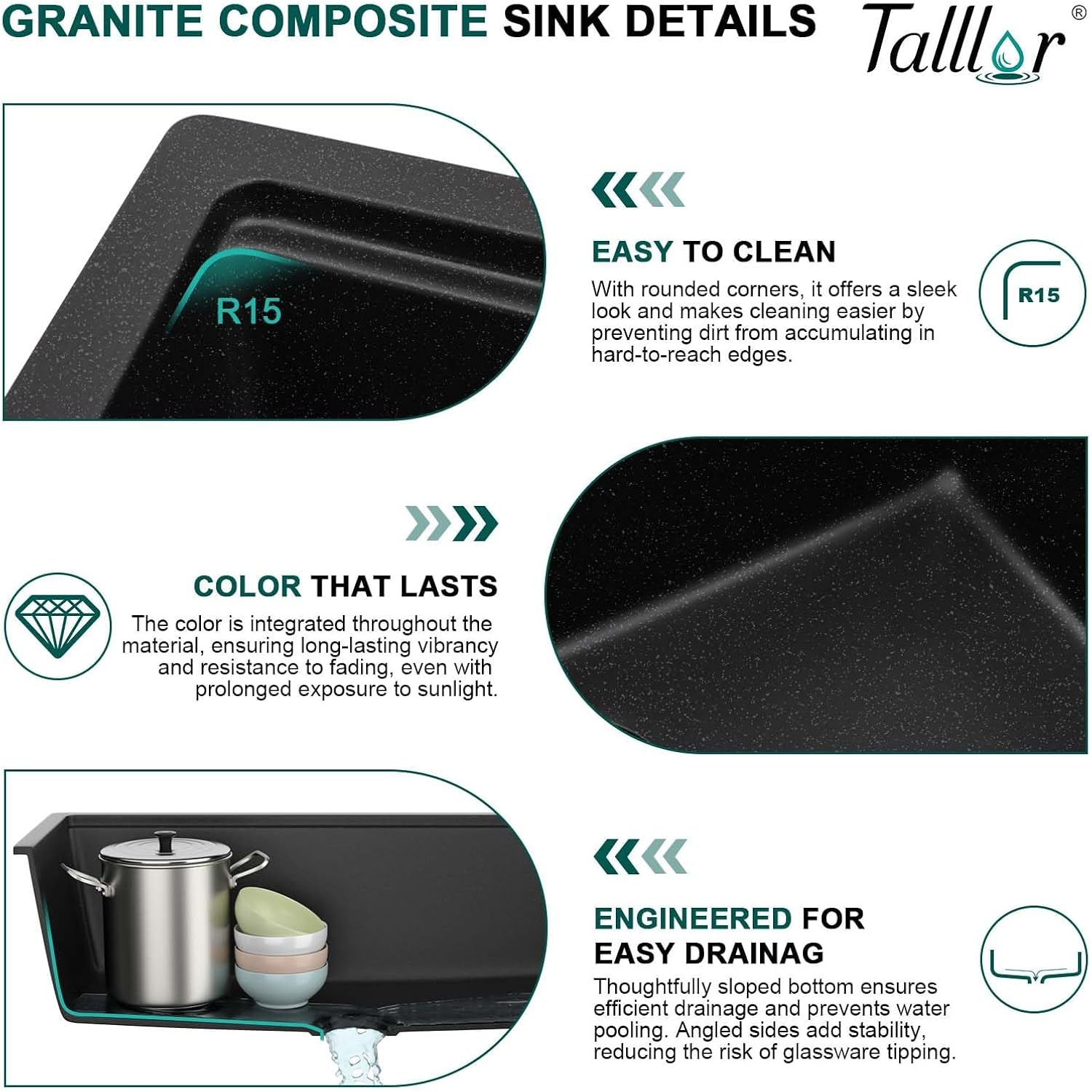 33x19 Black Undermount Kitchen Sink, Granite Composite Single Bowl Workstation All-In One Kitchen Sink, Classic Quartz Composite Sinks with Mixing Bowl, Pasta Strainer #TLGU-125
