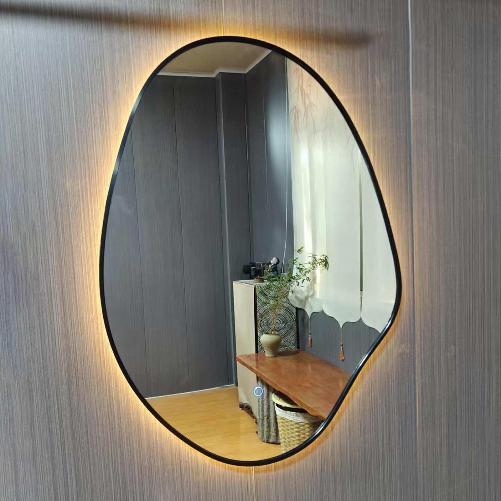 FGXHHS Irregular Wall Mounted Black Frame HD Glass Asymmetrical Vanity Mirror, 3-Color LED Illumination and Anti-Fog Demister Function, for Makeup & Shaving, 50x70cm/19.7x27.6in