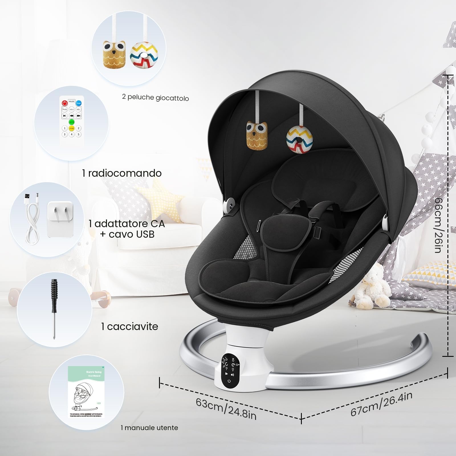 Sdraietta Neonati Elettrica - App e Telecomando Dondolo Bambina Elettrico con 3 timer, 5 Velocità di Altalena, 10 Musiche, Sdraietta Neonati Bluetooth Imbottita Morbida Baby (APP Nero)