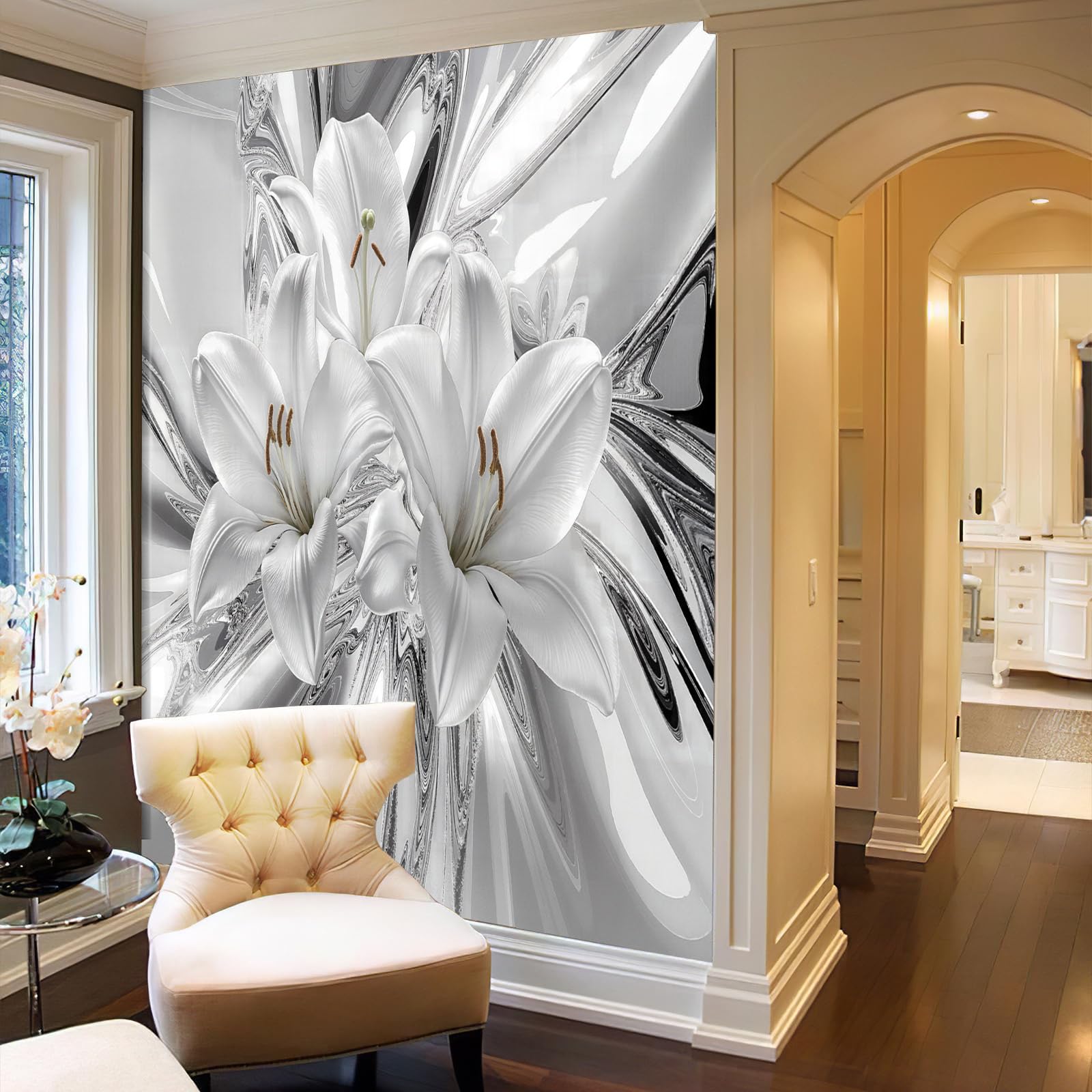 Papier Peint Intissé Mural Photo 450×315 cm Motif Luxe Lily Panoramique Poster Fresque Liquide Qui Coule Fleurs Murale Maison Bureau Restaurant, Argent Décoration Murale Papier Peint