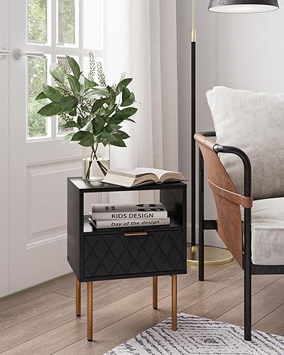 Miniatura 4 de Mesita de noche, mesita de noche pequeña con cajón, mesita de noche blanca, muebles de noche, mesa auxiliar con marco dorado, cómoda con cajón para