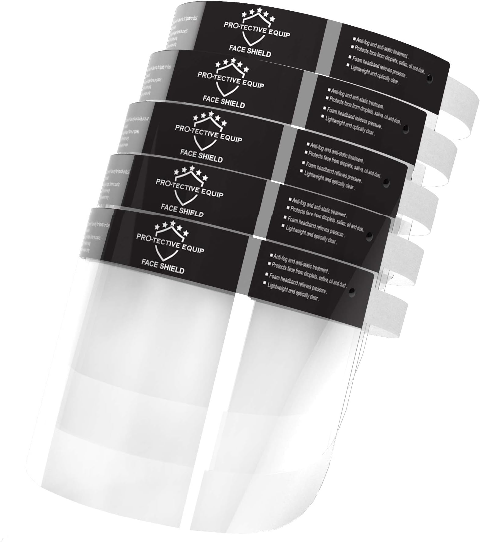 Protective Equip 5 Pack Face Shield Anti Fog Reusable Anti Saliva Plastic Face Shield for Men and Women, Wind Proof and Dust Proof Clear Face Shield - Premium Quality Face Shields