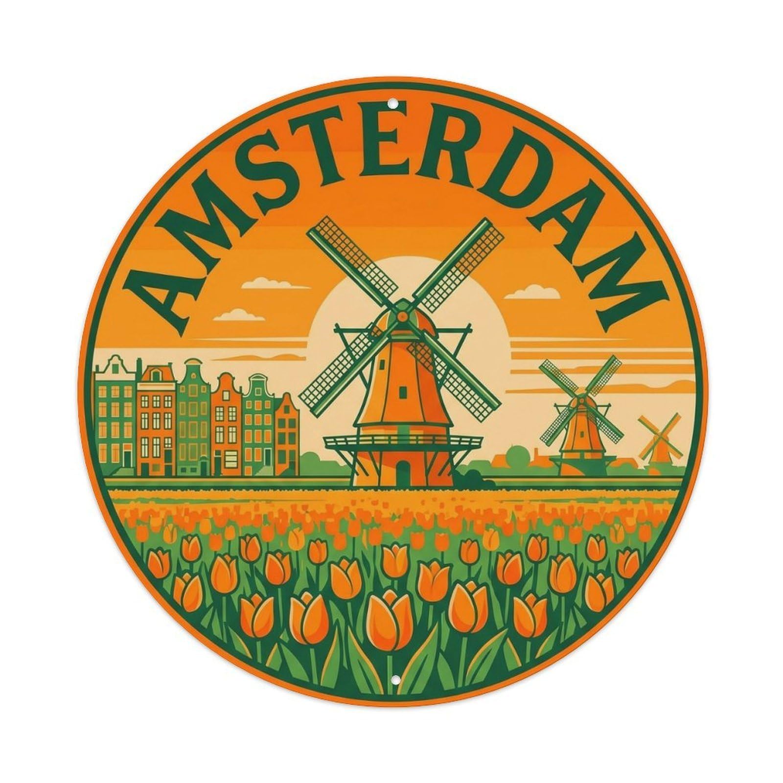 Vintage Travel Amsterdam Windmill Heritage Metal Tin Sign Plaque