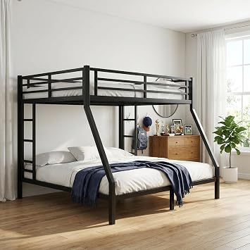 Heavy-Duty Metal Bunk Bed Queen-Size Bottom bunk and Twin XL top bunk, Equipped with Safety Rails and a Ladder. Space-Saving, Noise-reducing, and Mattress-FreeIdeal for a Variety of Settings.