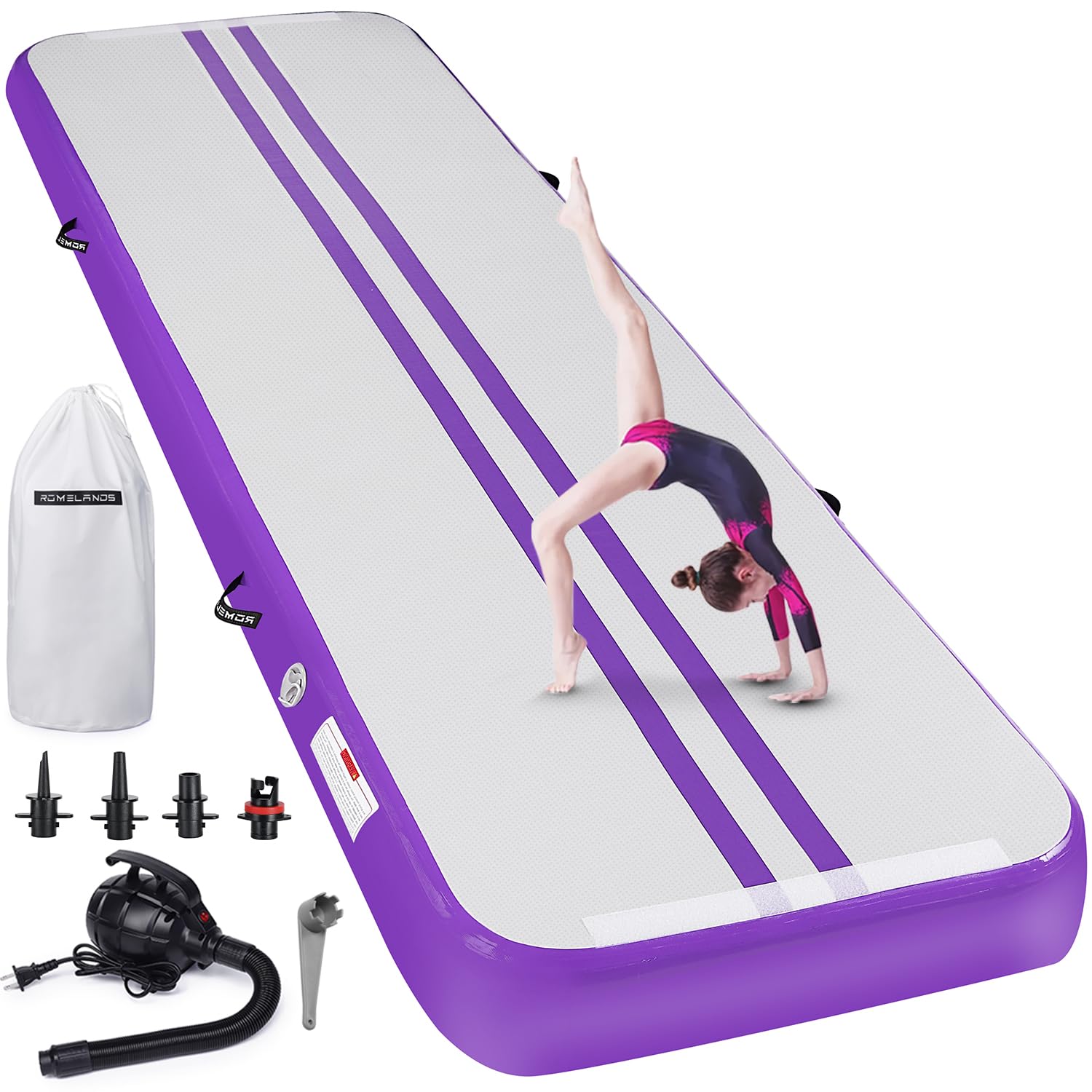 ROMELANDS Air Gymnastics Track Tumbling Mat 4 Thick, 10/13/16 Ft Inflatable Training Mats For Home Use With Pump (PURPLE, 10ft×3.3ft×4inch)