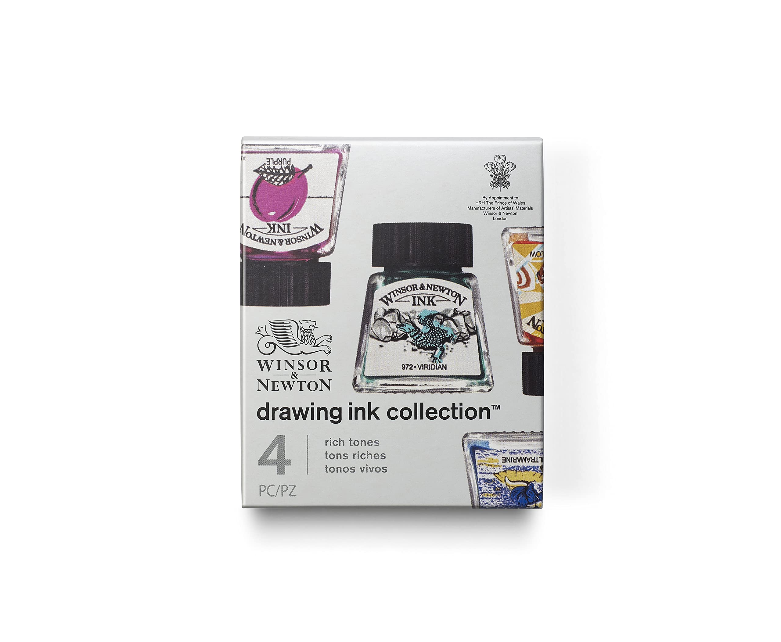 Winsor & Newton 1090104 Zeichentusche Set, 4 Farben, wasserbeständig für Illustratoren, Grafikern, Kalligraphen und Künstler - Purpur / Ultramarin / Sonnengelb / Viridian