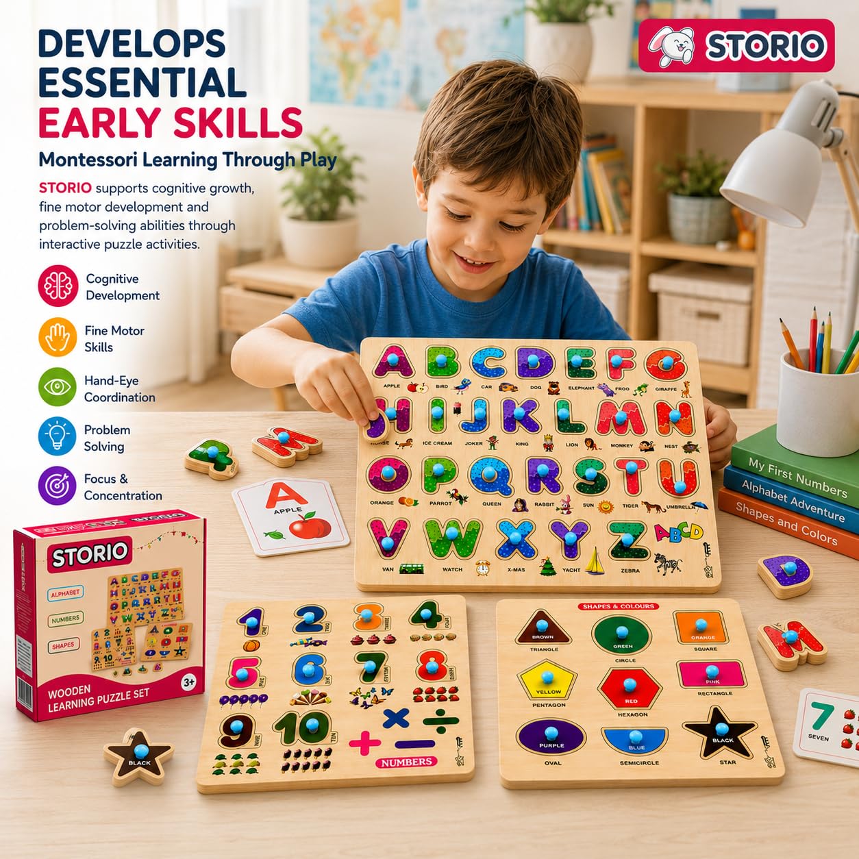 Storio Wooden Puzzle Combo Set for Kids, Vehicle Fruit & Animal Knob Puzzles, Montessori Educational Learning Toy, Fine Motor Skill Wooden Board for Toddlers Boys Girls Age 2+ Years — Amazon image 8