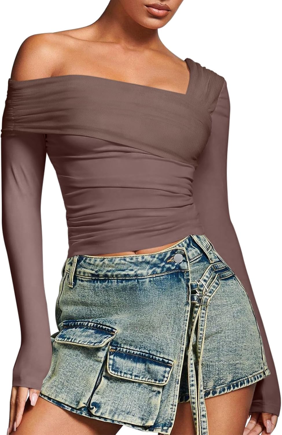 REORIA Womens Off The Shoulder Tops Double Lined Tight Long Sleeve Shirt Ruched Mesh Crop Top Y2k Going Out Tops - Image 2