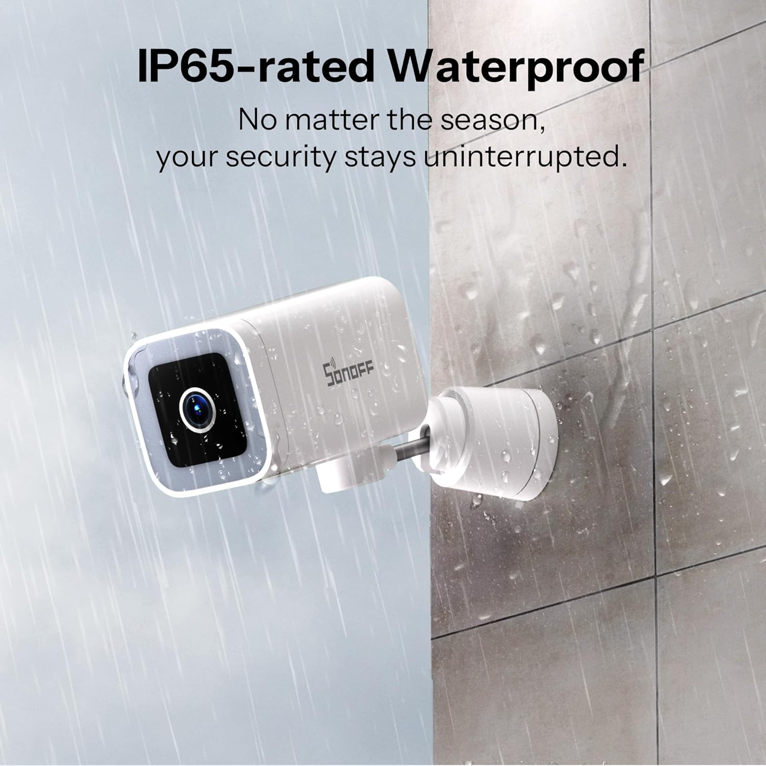The SONOFF CAM-B1P camera mounted outdoors, with water droplets on its surface, illustrating its IP65 waterproof rating.
