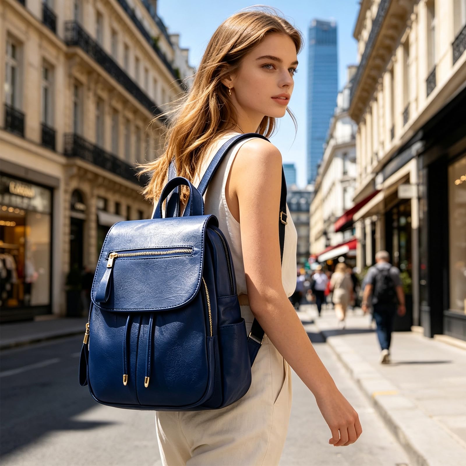 NICOLE & DORIS Modischer Damen-Rucksack, Mini-Rucksack, Kunstleder, Rucksack für Damen, Schultertasche, Rucksack, Mädchen, Weiß, dunkelblau, L, Klassisch
