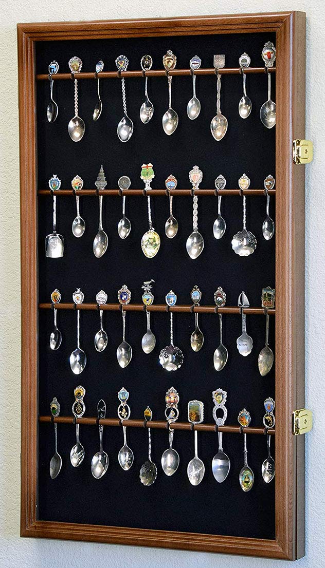 Flags connections 40 Larger Spoon Display Case Cabinet Wall Mount Rack Holder w/98% UV Protection Lockable, Walnut