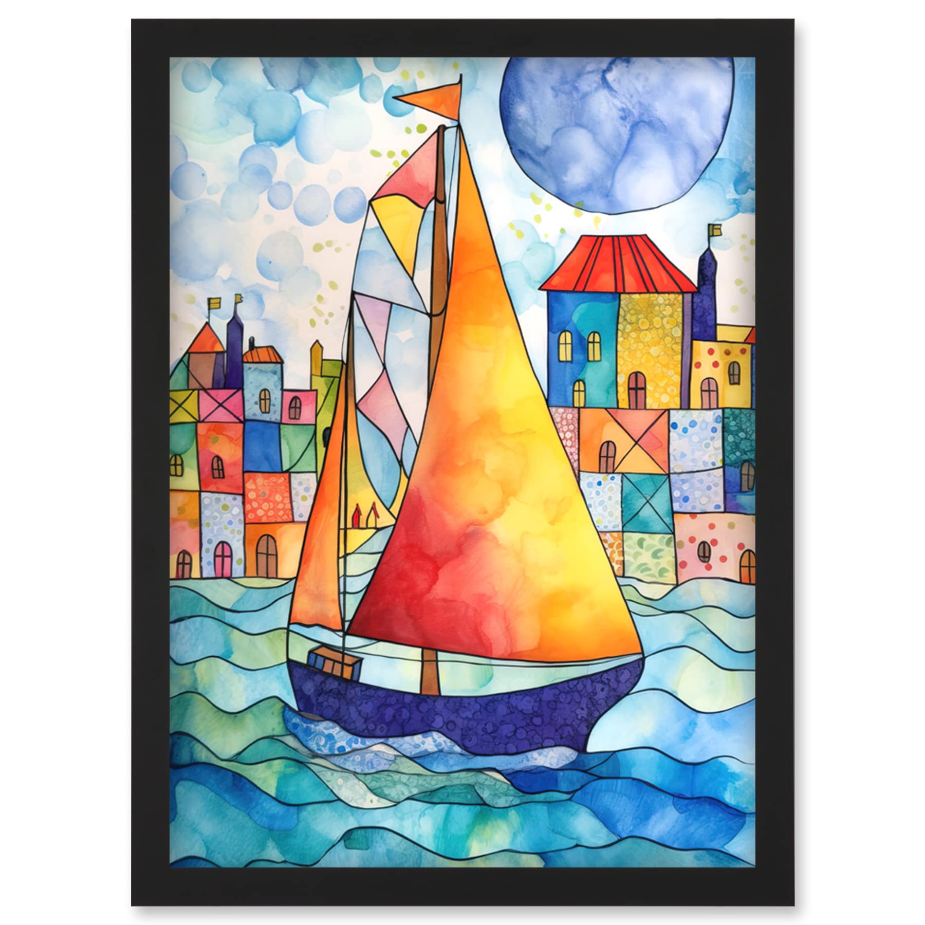 Artery8 Sailboat By Harbour Folk Art Artwork Framed Wall Art Print A4