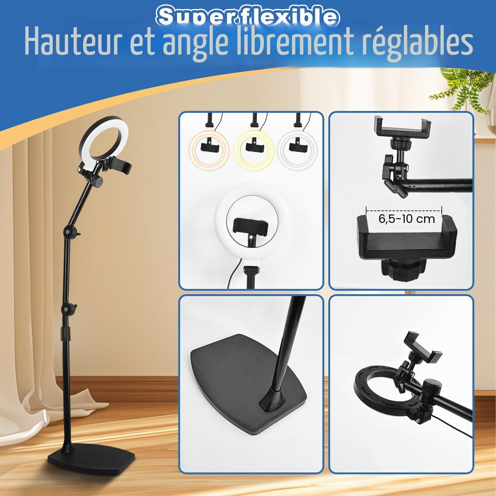 Hivexagon Support de téléphone de bureau suspendu avec anneau lumineux de 15 cm et base lestée, hauteur réglable de 50 à 130 cm, pour enregistrement vidéo, photographie, maquillage,diffusion en direct