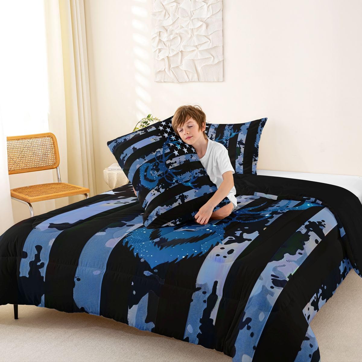 Camo Deer Comforter Set Full Size, Army Blue Camouflage Usa Flag Bedding Set For Kids Boys Teens Adult, Western Rustic Farmhouse Quilt Stars Stripes Duvet Sets Antlers Wild Animal Decor, Black