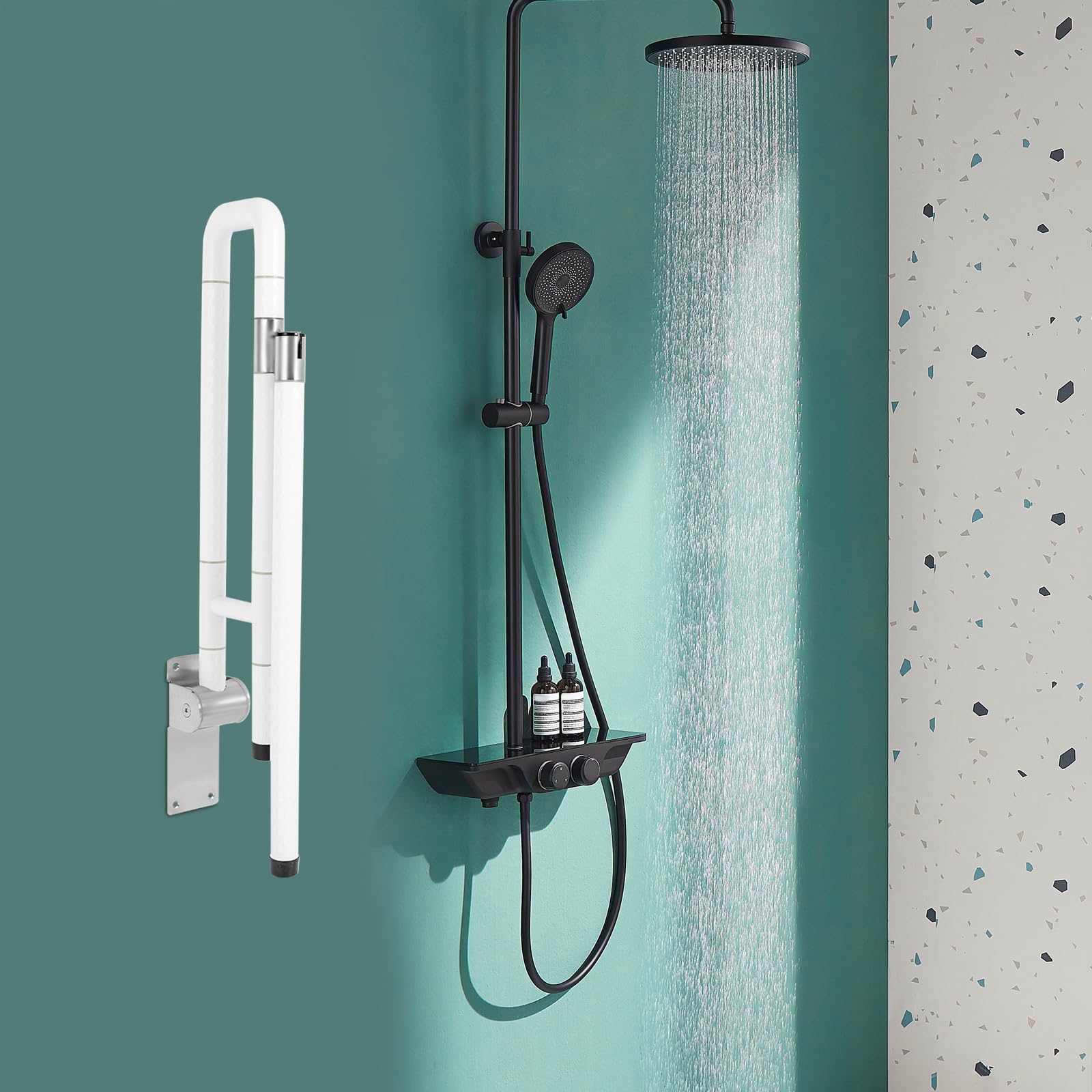 Barra de apoyo plegable de seguridad, barra de apoyo plegable para cuarto de baño, mango antideslizante, acero inoxidable, apoyabrazos PMR soporte de pared, plegable 180°, carga 100 kg, para inodoro