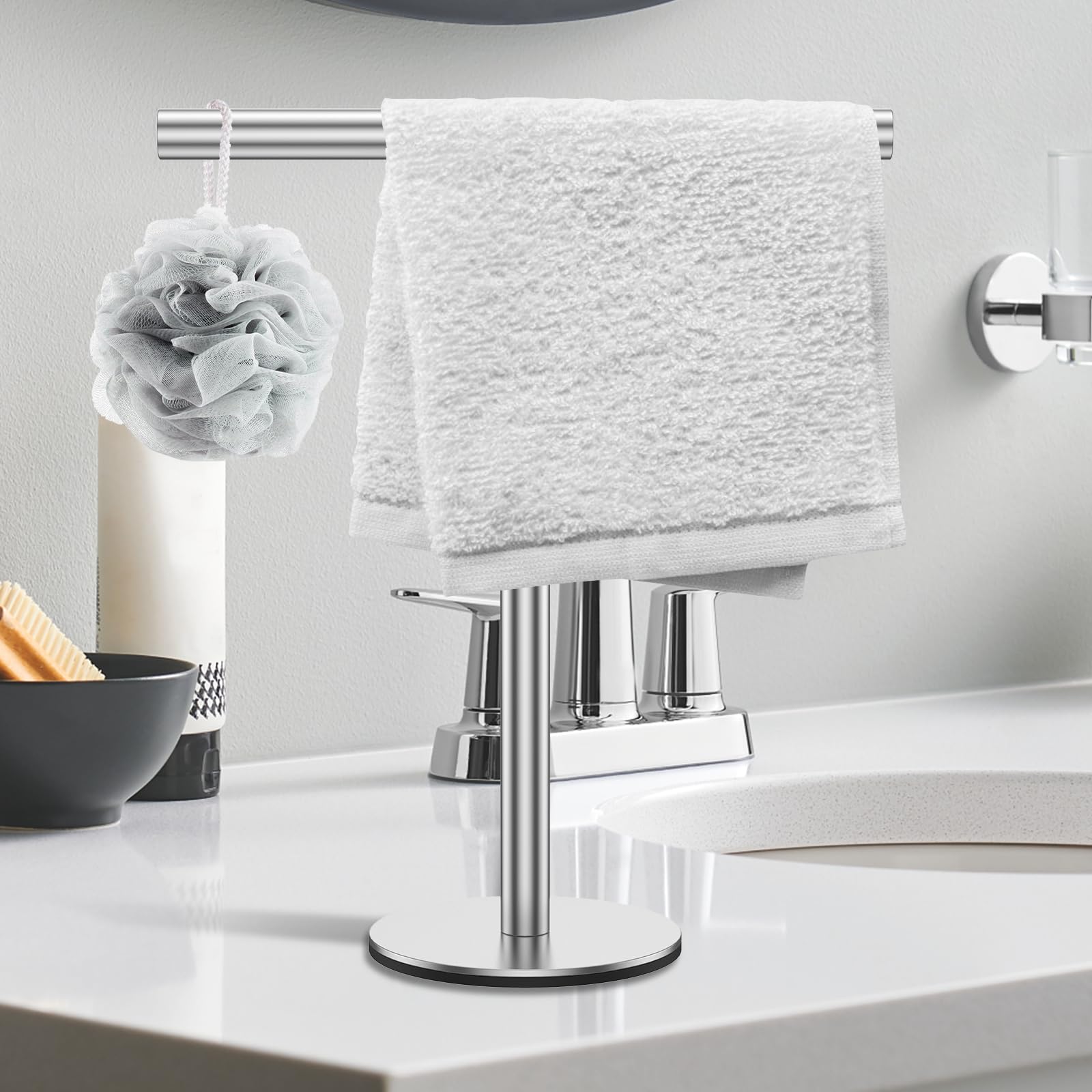 Hand Towel Holder for Bathroom, 304 Stainless Steel Towel Holder Stand, T-Shape Free Standing Towel Racks with Heavy Anti-Slip Base for Bathroom Kitchen Countertop(Silver)