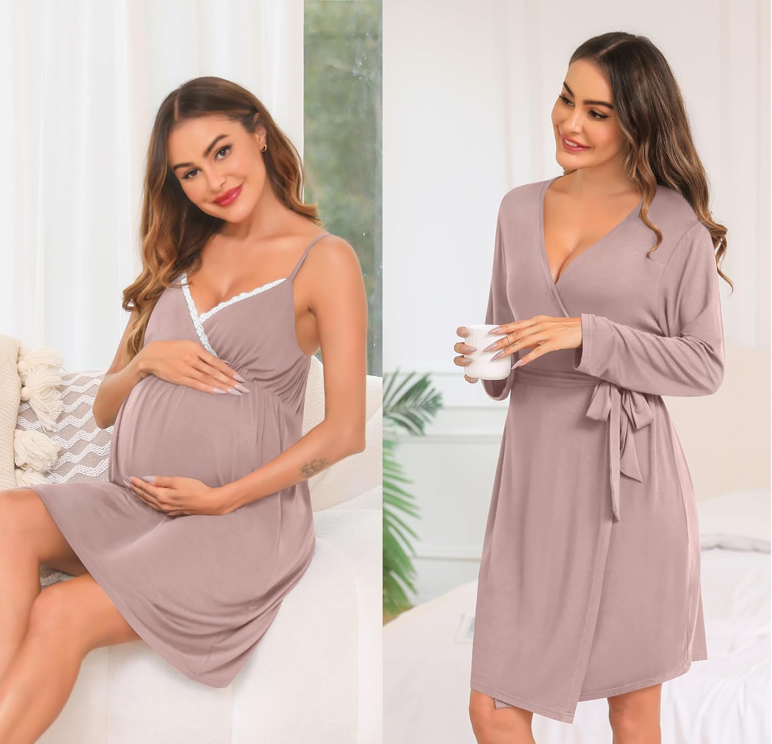 SWOMOG Womens Maternity Robe 2 Piece Nursing Nightgown for Breastfeeding 3 in 1 Labor Delivery Nursing Dress Lace Bathrobe - Image 5