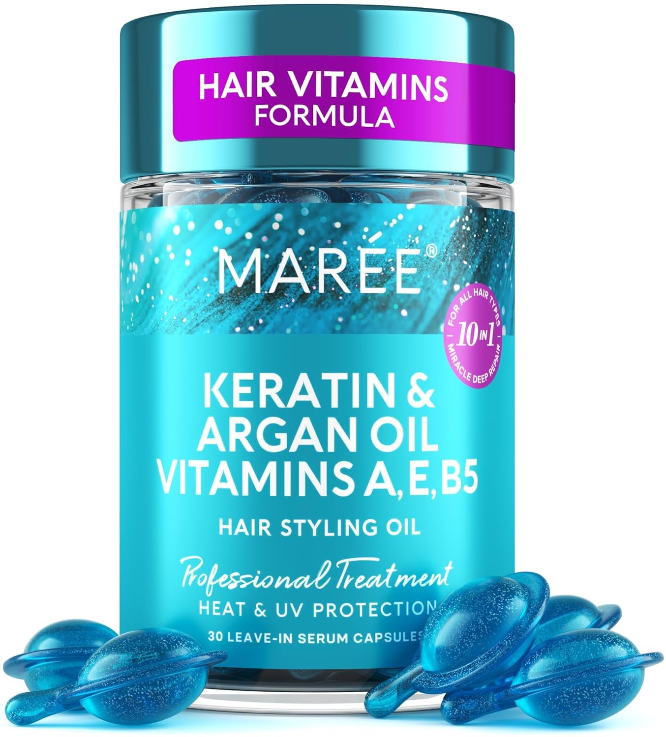 MAREE Hair Oil for Frizzy – Hair Vitamins A, E & B Keratin Styling Capsules with Jojoba & Argan Oil – Anti Frizz Serum for Women – Frizzy, Damaged, Dry and Curly – Sérum Gotas & Aceite Para el Cabello