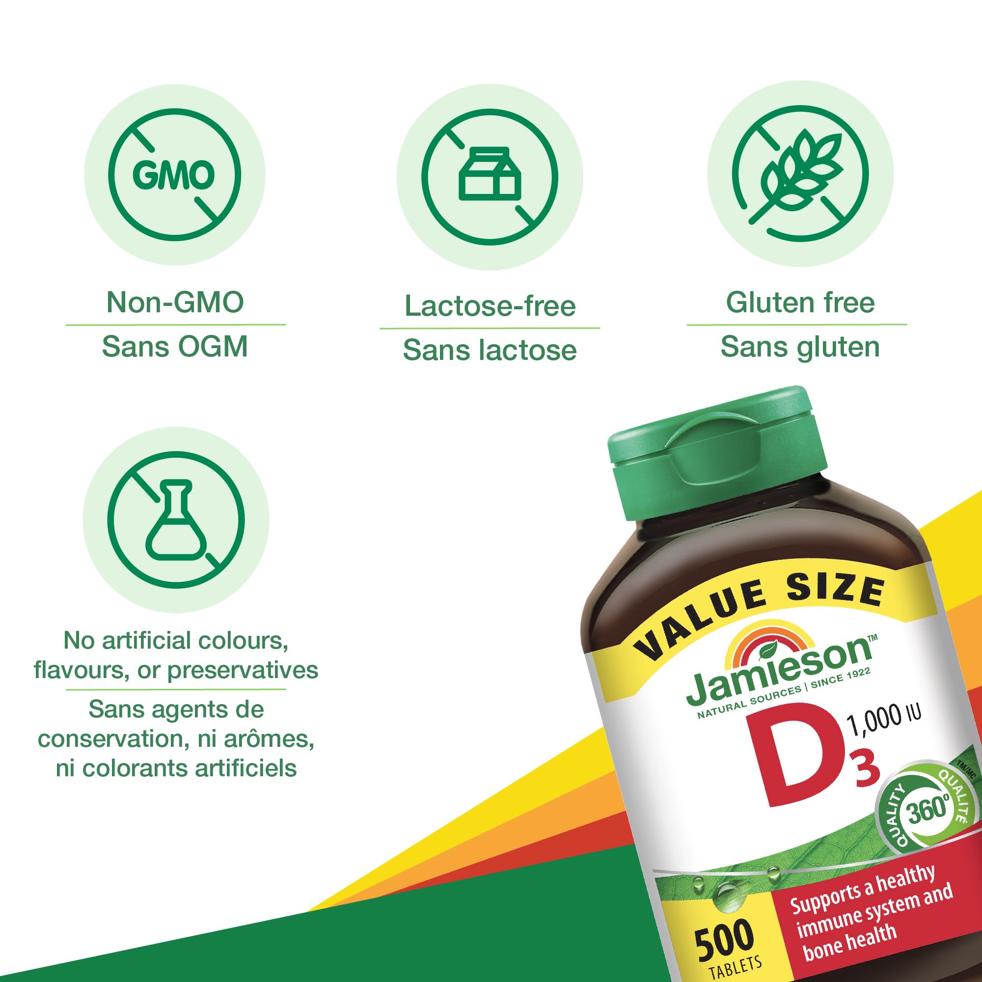 Jamieson Vitamin D3 1,000 IU Tablets, Supports Immune Health, Strong Bones, and Teeth, Enhances Calcium and Phosphorus Absorption. Vegetarian, Non-GMO, Gluten-Free, One Per Day, 500 Count, Proudly Canadian - 5