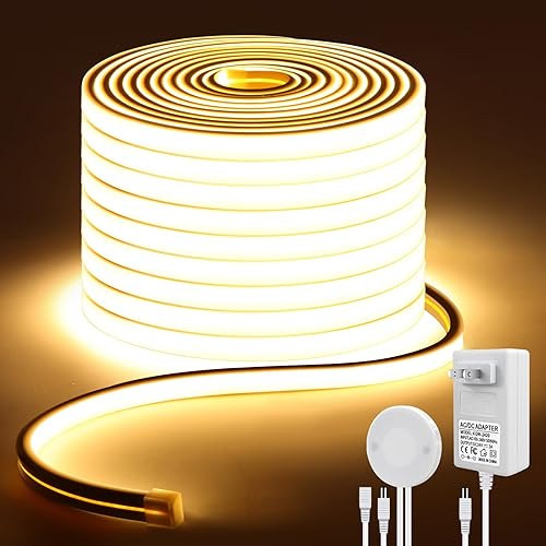 Tira de luces LED COB de neón de 16.4 pies, 24 V, 1600 LED, sensor táctil de madera penetrable, impermeable, blanco, regulable, tira de luz de neón