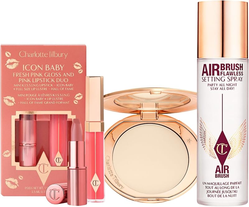 Holiday Kit - AIRbrush Flawless Setting Spray + AIRbrush Flawless Finish + Icon Baby Lip Duo - Hydrating Mist & Pressed Setting Powder Kit with Pink Lipstick Gloss Set