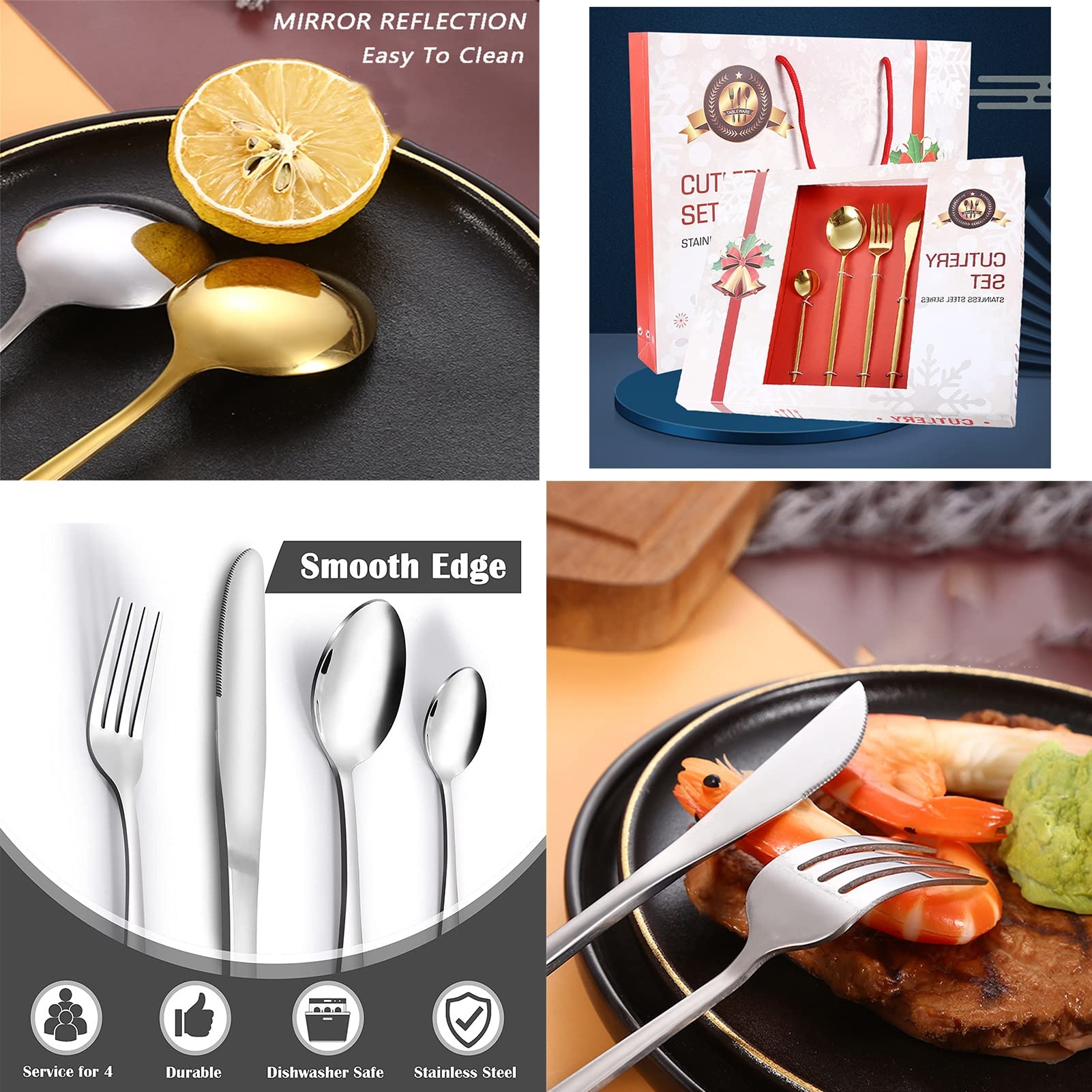 24-teilige Besteck Set,Edelstahl Hochwertige Spiegelpolierte Besteck-Sets,für Haus Büro Restaurant, Leicht Zu Reinigen mit Geschenkbox Weihnachtsgeschenkpaket (Color : Black)