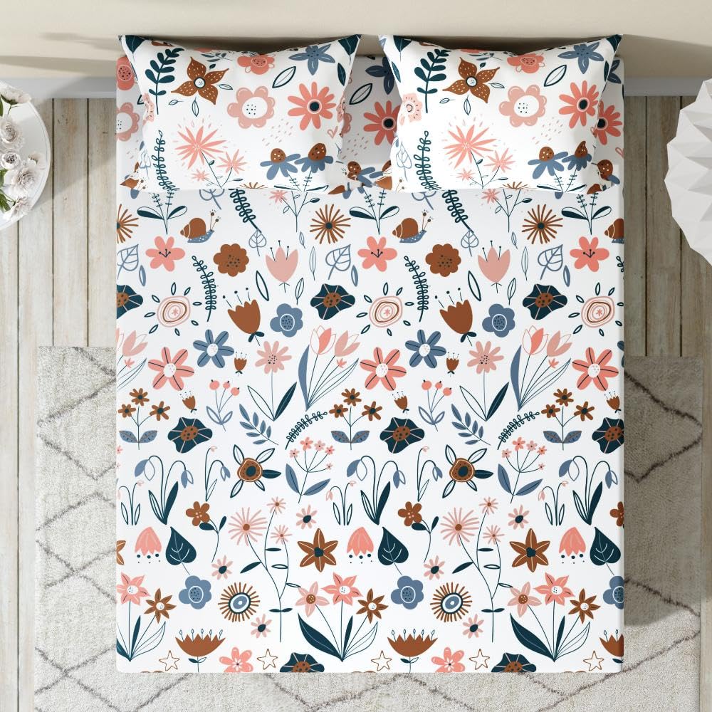 Wakefit Cotton Flat Bedsheet | 220 TC Bedsheet For Double Size Bed Printed With 2 Pillow Covers | Nancy - 100X90 Inches,Assorted