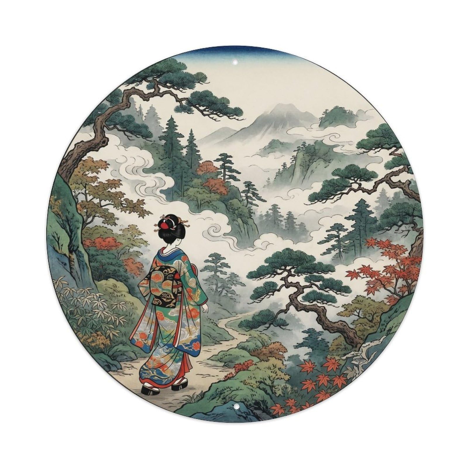 Galvaxio Style Japanese Kimono Woman Walking Through Mist Permeating Metal Tin Sign