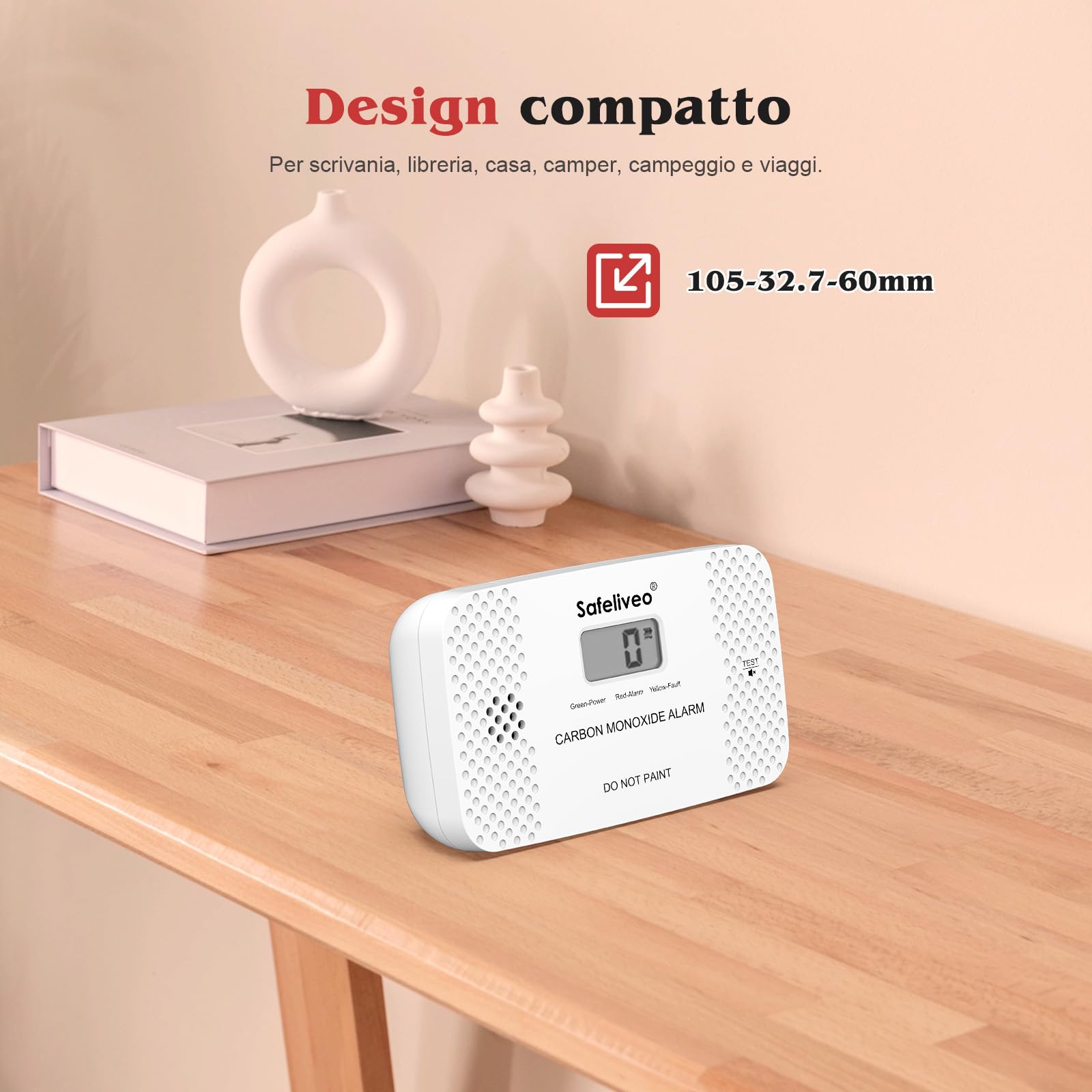 Safeliveo Rilevatore di Monossido di Carbonio con Schermo LCD, Sensore CO con Batteria Sostituibile, Pulsante Test e funzione Mute,Rilevatore Monossido Portatile per Casa,Viaggio, EN 50291-2 pezzo