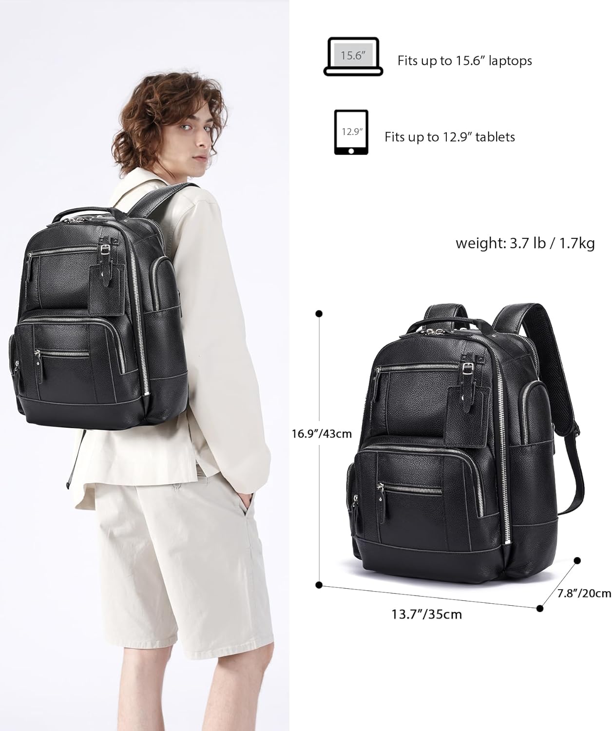LANNSYNE Leather Backpack for Men, 15.6" Laptop Backpack Camping Travel 24L Rucksack - Image 2