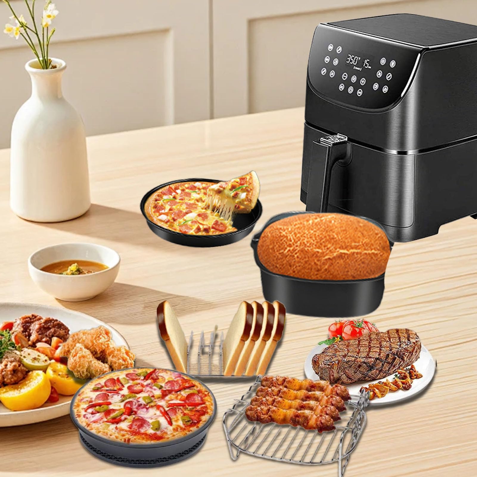 Generic Zestaw Akcesoriów do Frytownicy Kwadratowej Kompletny Zestaw z matą silikonową Szczotka do Oleju Grill Stojak na Chleb Gotowania w Kuchni Stal Nierdzewna 7 Cali