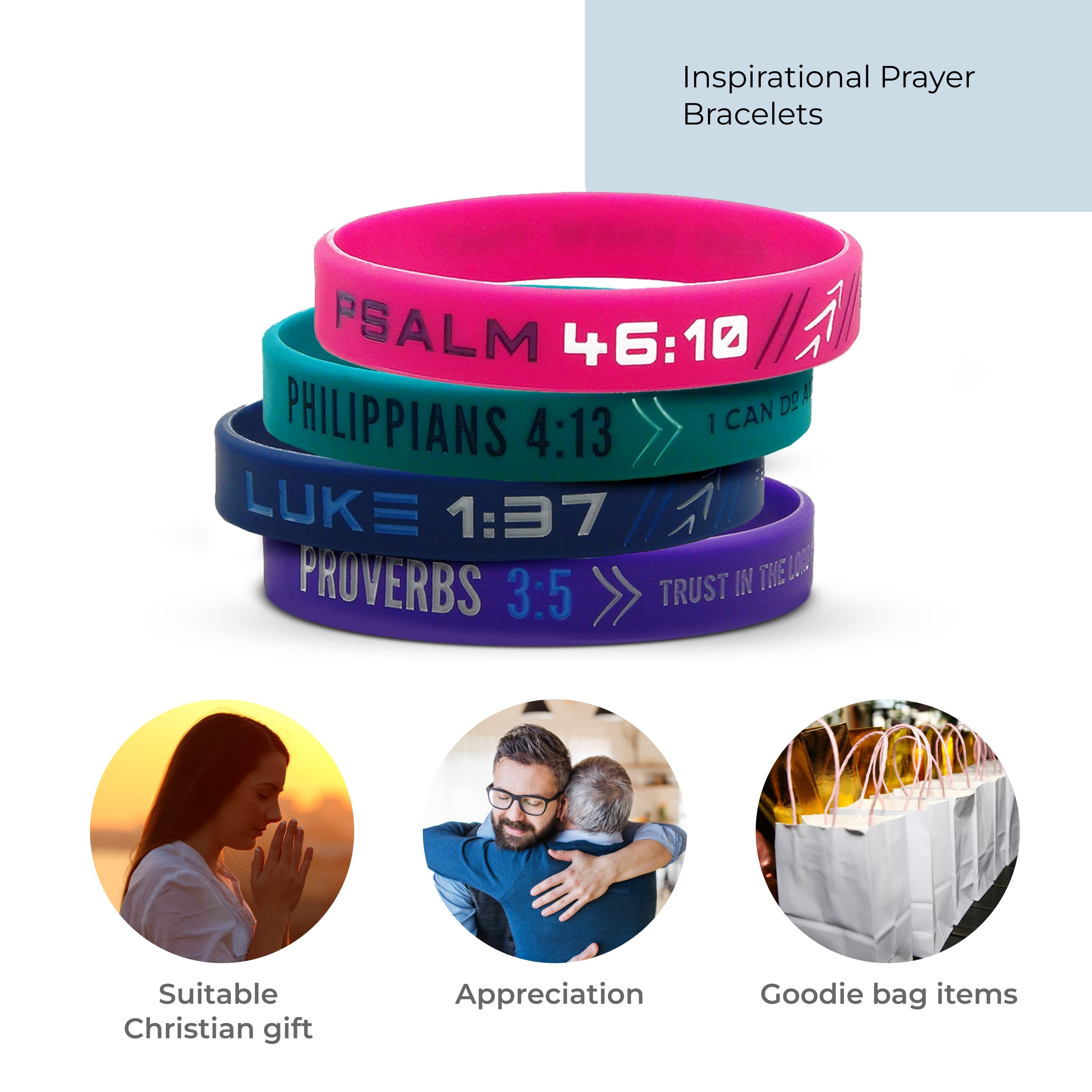Inkstone (12-pack WWJD Bracelets - Bible Wristbands with Words from New Testament - Religious Church Gifts Supplies in Bulk for Christian (Philippians 4:13/Luke 1:37/Proverbs 3:5/Psalm 46:10) - Image 4